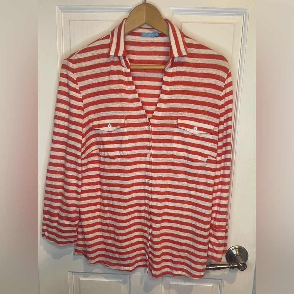 J. McLaughlin Brynn Burnt Orange and White Striped Shirt 95% Linen Size M
